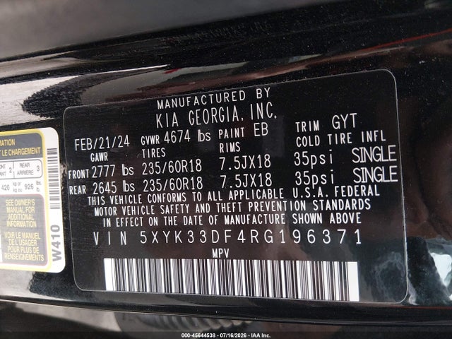 Продажа на аукционе авто 2024 Kia Sportage Ex, vin: 5XYK33DF4RG196371, номер лота: 45644538