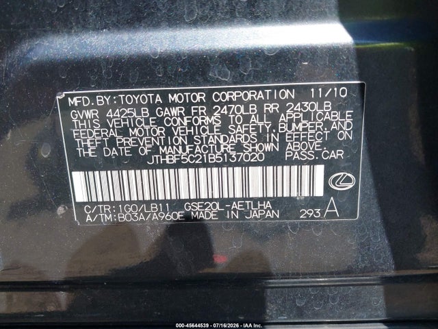 45644539 :رقم المزاد ، JTHBF5C21B5137020 vin ، 2011 Lexus Is 250 مزاد بيع