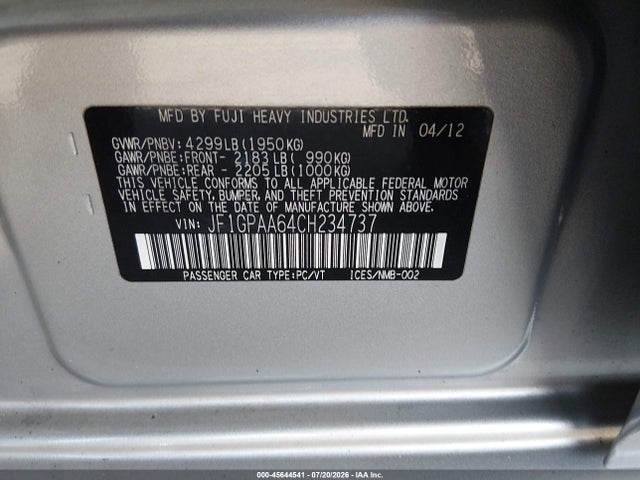 Продаж на аукціоні авто 2012 Subaru Impreza 2.0i, vin: JF1GPAA64CH234737, номер лоту: 45644541