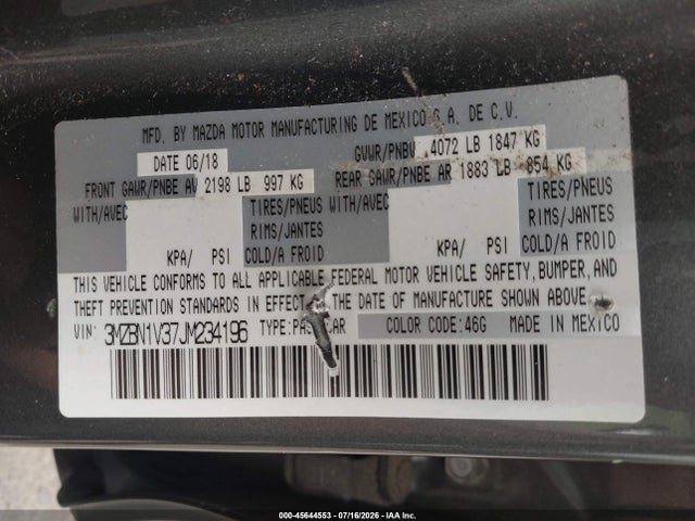 Продажа на аукционе авто 2018 Mazda Mazda3 Touring, vin: 3MZBN1V37JM234196, номер лота: 45644553