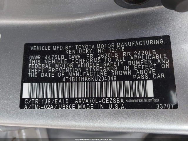 Продаж на аукціоні авто 2019 Toyota Camry Se, vin: 4T1B11HK6KU204049, номер лоту: 45644558