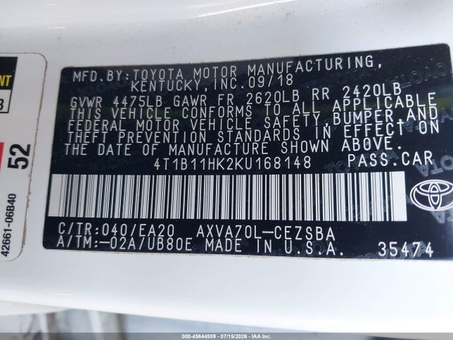 Toyota CAMRY SE 2019 4T1B11HK2KU168148 Image 9
