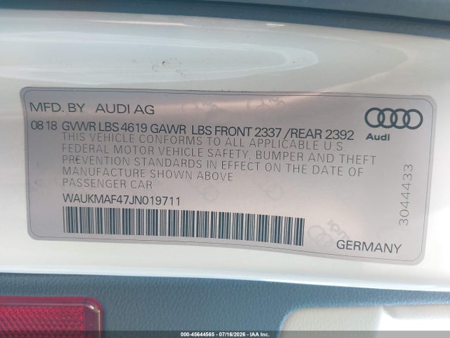 Aukcja sprzedaży 2018 Audi A4 2.0t Tech Ultra Premium/2.0t Ultra Premium, vin: WAUKMAF47JN019711, numer aukcji: 45644565