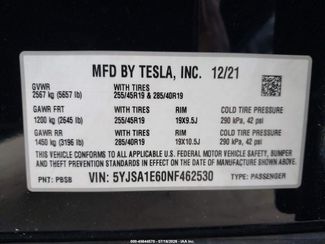 Продаж на аукціоні авто 2022 Tesla Model S Plaid Tri Motor All-wheel Drive, vin: 5YJSA1E60NF462530, номер лоту: 45644570