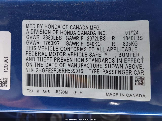 Honda Civic Sport 2024 2HGFE2F56RH539016 Image 9