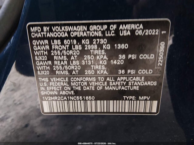 Aukcja sprzedaży 2022 Volkswagen Atlas 3.6l V6 Se W/technology, vin: 1V2HR2CA1NC551650, numer aukcji: 45644575