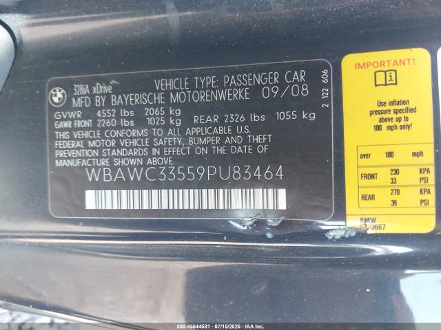 Продажа на аукционе авто 2009 Bmw 328i Xdrive, vin: WBAWC33559PU83464, номер лота: 45644581