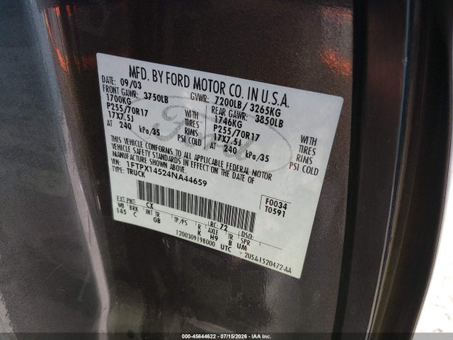 Продажа на аукционе авто 2004 Ford F-150 Fx4/lariat/xl/xlt, vin: 1FTPX14524NA44659, номер лота: 45644622