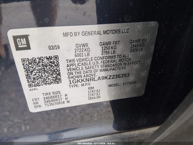Aukcja sprzedaży 2019 Gmc Acadia Sle-1, vin: 1GKKNRLA9KZ236393, numer aukcji: 45644629