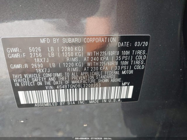 Auction sale of the 2020 Subaru Outback Limited Xt, vin: 4S4BTGND8L3200353, lot number: 45644634