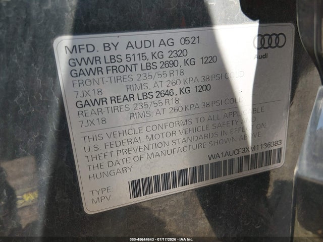 45644643 :رقم المزاد ، WA1AUCF3XM1136383 vin ، 2021 Audi Q3 Premium 40 Tfsi Quattro Tiptronic مزاد بيع