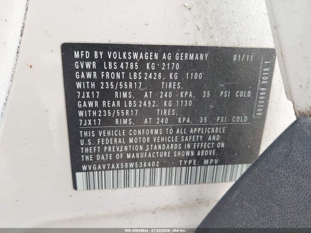 2011 Volkswagen Tiguan Se მანქანა იყიდება აუქციონზე, vin: WVGAV7AX5BW536402, აუქციონის ნომერი: 45644644