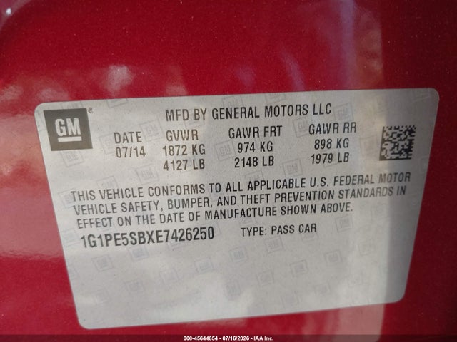 1G1PE5SBXE7426250 Chevrolet Cruze 2lt Auto