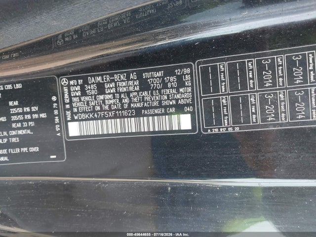 Продаж на аукціоні авто 1999 Mercedes-benz Slk 230 Kompressor, vin: WDBKK47F5XF111623, номер лоту: 45644655