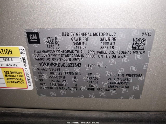 GMC Acadia Slt-1 2016 1GKKVRKD9GJ332543 Image 9