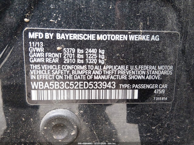 45644663 :رقم المزاد ، WBA5B3C52ED533943 vin ، 2014 Bmw 535i Xdrive مزاد بيع