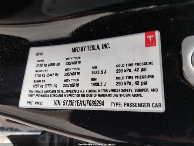 5YJ3E1EA1JF089294 Tesla MODEL 3