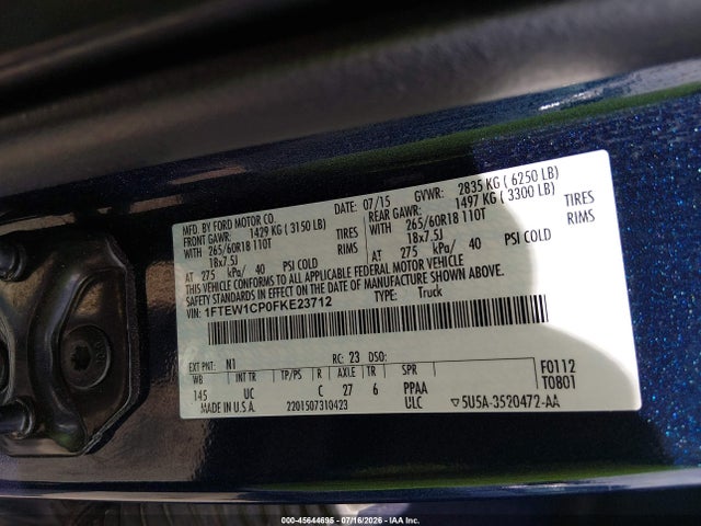 45644695 :رقم المزاد ، 1FTEW1CP0FKE23712 vin ، 2015 Ford F-150 Xlt مزاد بيع