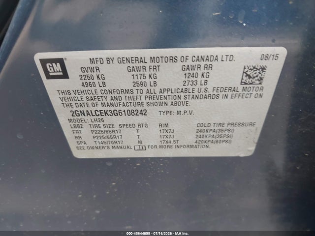 Chevrolet EQUINOX LT 2016 2GNALCEK3G6108242 Image 9