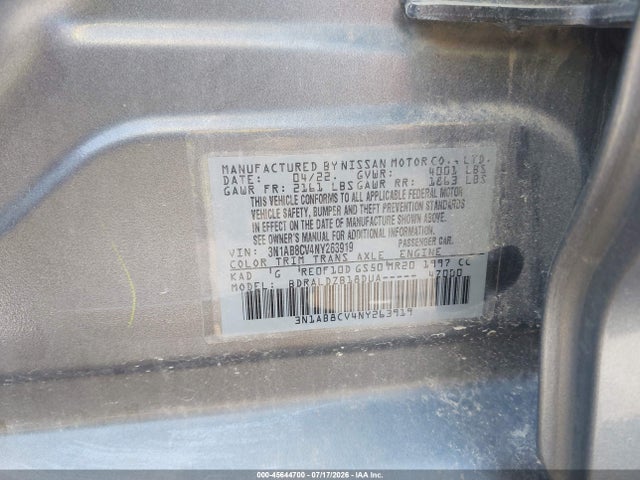 45644700 :رقم المزاد ، 3N1AB8CV4NY263919 vin ، 2022 Nissan Sentra Sv Xtronic Cvt مزاد بيع