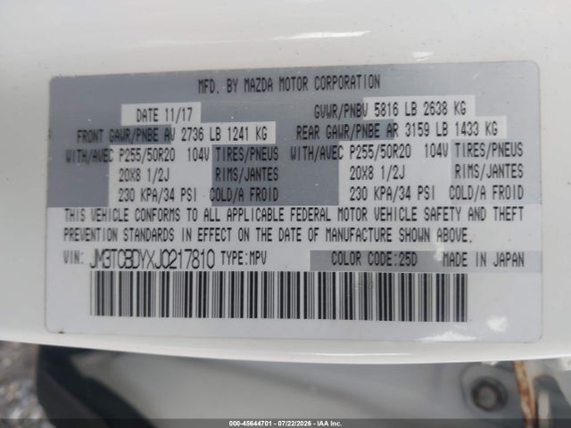 Продажа на аукционе авто 2018 Mazda Cx-9 Grand Touring, vin: JM3TCBDYXJ0217810, номер лота: 45644701