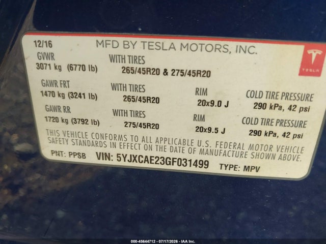 Продаж на аукціоні авто 2016 Tesla Model X 60d/70d/75d/90d, vin: 5YJXCAE23GF031499, номер лоту: 45644712