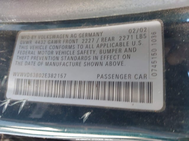 2002 Volkswagen Passat Gls მანქანა იყიდება აუქციონზე, vin: WVWVD63B02E382157, აუქციონის ნომერი: 45644714
