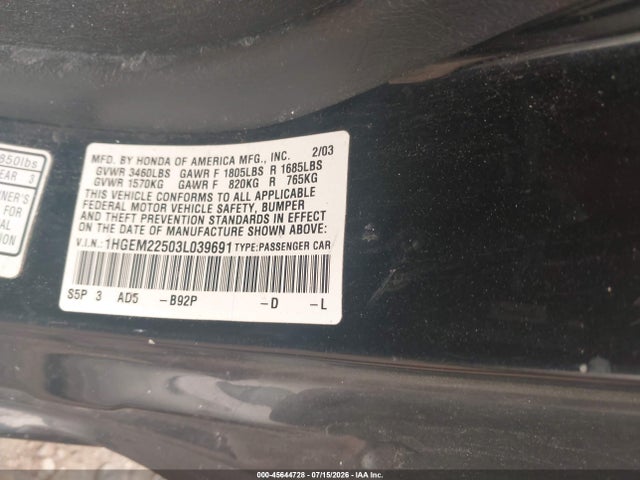 Aukcja sprzedaży 2003 Honda Civic Lx, vin: 1HGEM22503L039691, numer aukcji: 45644728
