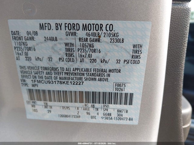 45644731 :رقم المزاد ، 1FMCU93178KE12227 vin ، 2008 Ford Escape Xlt مزاد بيع
