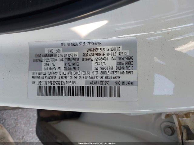 Aukcja sprzedaży 2023 Mazda Cx-9 Grand Touring, vin: JM3TCBDY8P0649305, numer aukcji: 45644736