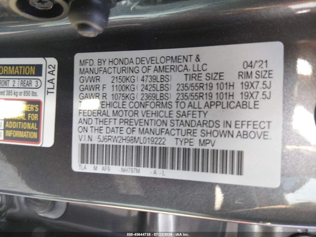 45644738 :رقم المزاد ، 5J6RW2H98ML019222 vin ، 2021 Honda Cr-v Awd Touring مزاد بيع