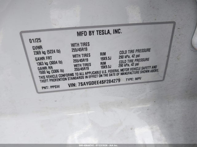 Aukcja sprzedaży 2025 Tesla Model Y Long Range Dual Motor All-wheel Drive, vin: 7SAYGDEE4SF284279, numer aukcji: 45644741