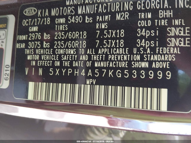5XYPH4A57KG533999 KIA Sorento 3.3l Ex