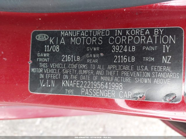 Aukcja sprzedaży 2009 Kia Spectra Ex, vin: KNAFE222195641998, numer aukcji: 45644750