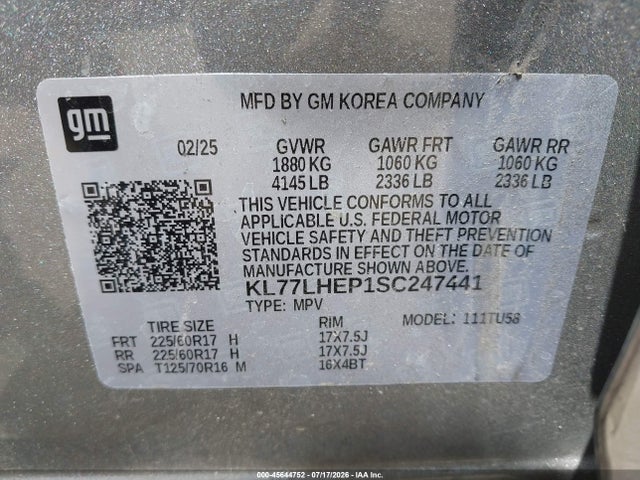 Продаж на аукціоні авто 2025 Chevrolet Trax Fwd Lt, vin: KL77LHEP1SC247441, номер лоту: 45644752