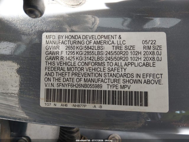 Honda Pilot Awd Special Edition 2022 5FNYF6H26NB055989 Image 9