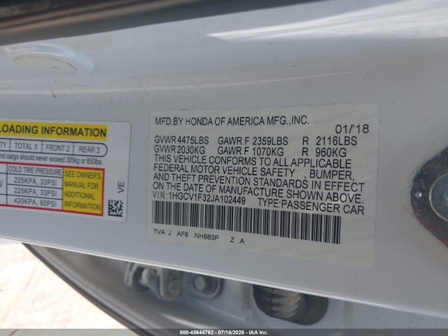 Aukcja sprzedaży 2018 Honda Accord Sport, vin: 1HGCV1F32JA102449, numer aukcji: 45644762