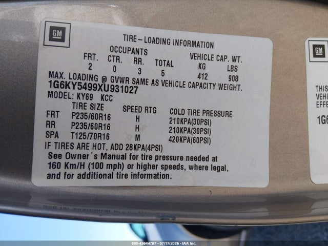 Aukcja sprzedaży 1999 Cadillac Seville Sts, vin: 1G6KY5499XU931027, numer aukcji: 45644767
