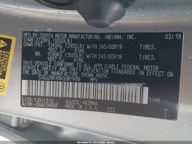 Продаж на аукціоні авто 2019 Toyota Highlander Xle, vin: 5TDJZRFH5KS981499, номер лоту: 45644776
