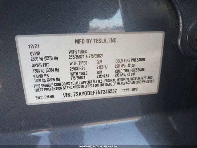 2022 Tesla Model Y Performance Dual Motor All-wheel Drive მანქანა იყიდება აუქციონზე, vin: 7SAYGDEF7NF346237, აუქციონის ნომერი: 45644779