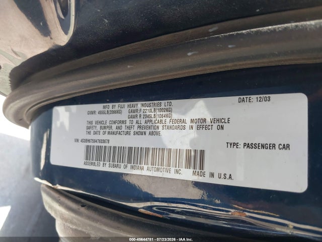 2004 Subaru Outback მანქანა იყიდება აუქციონზე, vin: 4S3BH675947633678, აუქციონის ნომერი: 45644781
