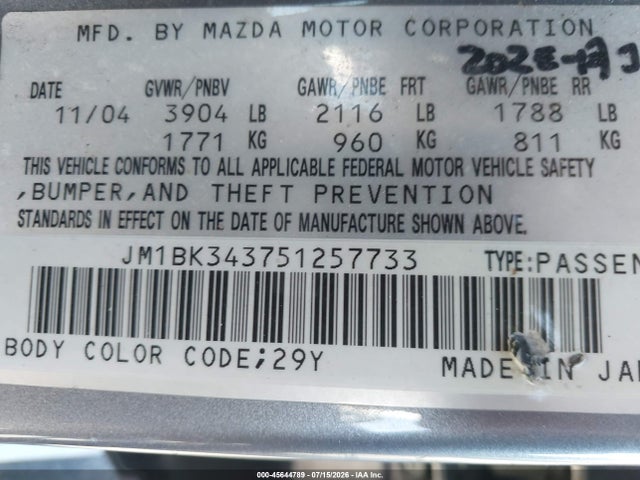 Продажа на аукционе авто 2005 Mazda Mazda3 S, vin: JM1BK343751257733, номер лота: 45644789
