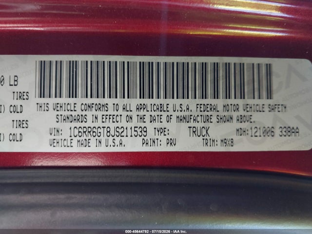 1C6RR6GT8JS211539 RAM 1500 Big Horn 4x2 6&#039;4 Box