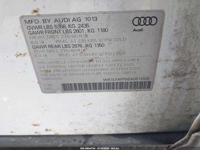Продажа на аукционе авто 2014 Audi Q5 2.0t Premium, vin: WA1LFAFP5EA051026, номер лота: 45644794
