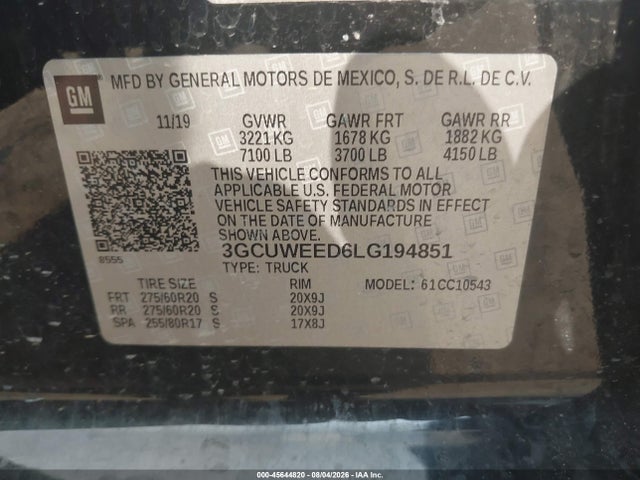 Продаж на аукціоні авто 2020 Chevrolet Silverado 1500 2wd  Short Bed Ltz, vin: 3GCUWEED6LG194851, номер лоту: 45644820