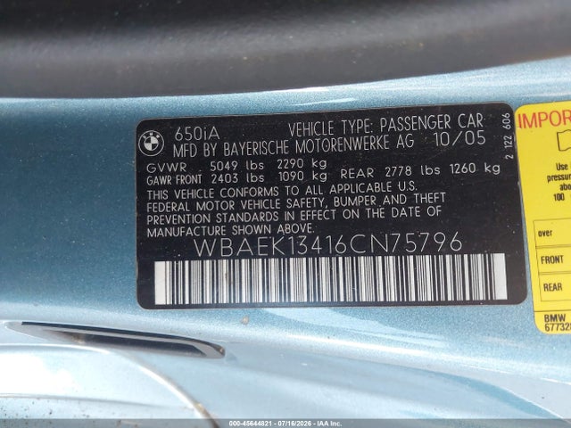45644821 :رقم المزاد ، WBAEK13416CN75796 vin ، 2006 Bmw 650i مزاد بيع