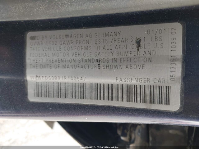Aukcja sprzedaży 2001 Volkswagen Passat Gls, vin: WVWPD63B91P140947, numer aukcji: 45644827