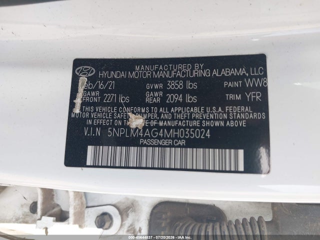 2021 Hyundai Elantra Sel მანქანა იყიდება აუქციონზე, vin: 5NPLM4AG4MH035024, აუქციონის ნომერი: 45644837