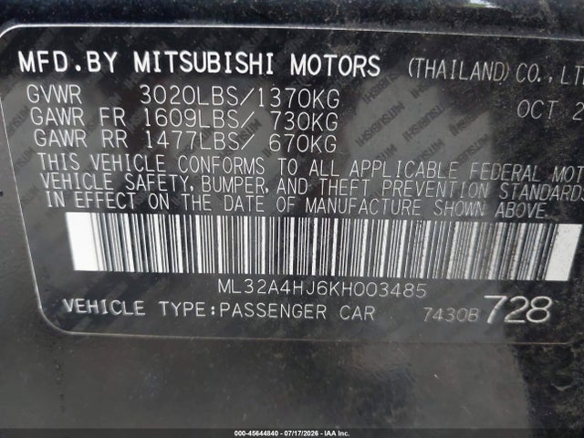 Aukcja sprzedaży 2019 Mitsubishi Mirage Se, vin: ML32A4HJ6KH003485, numer aukcji: 45644840