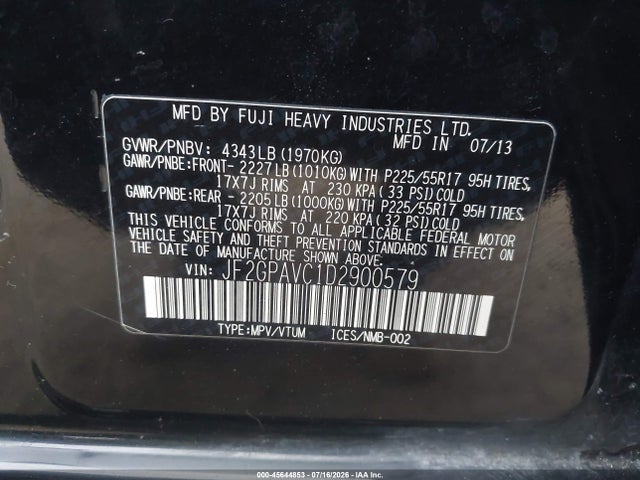 45644853 :رقم المزاد ، JF2GPAVC1D2900579 vin ، 2013 Subaru Xv Crosstrek 2.0i Premium مزاد بيع